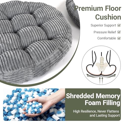 Large Floor Pillow for Adults, 22x22" Memory Foam Floor Cushion with Corduroy Cover, Round Floor Sitting Cushions for Meditation, Lounge,Seating for Yoga, Tatami Living Room (2, Round-Dark Grey) - color: Round-dark Grey