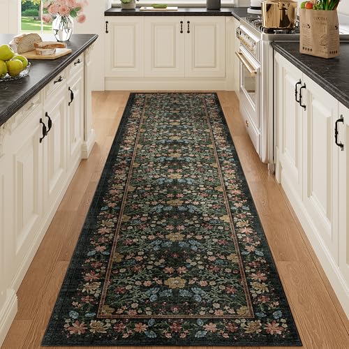 DUKINO 3x10 Kitchen Runner Rug, Washable Vintage Non Slip Floral Rug for Hallway, Lightweight & Low Pile Soft Throw Carpet for Entryway, Kitchen, Bathroom, Laundry, Bedroom, Black - color: Black, size: 3' x 10' (Rectangular)