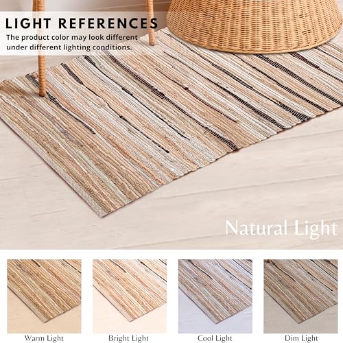 Cotton Hand Woven Chindi Rug 2x3 Feet - Beige, Decorative Soft Throw Indoor Floor Rag Rugs Ideal for Entryway, Kitchen, Kids Room | Durable Lightweight Neutral Home Space Dhurrie for Costal Décor - color: Beige, size: 2 x 3 feet