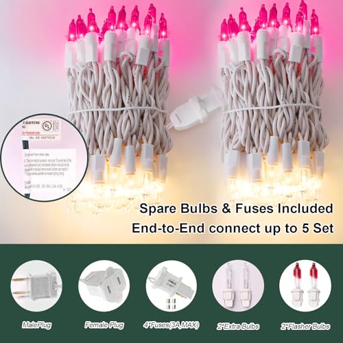LAMPHOME Pink Clear Christmas Valentine's String Lights 100 Mini Incandescent Fairy Light Decor 20 Ft White Wire Indoor & Outdoor Party Patio Bedroom, Xmas Tree Garland Easter Holiday Decoration - color: Pink and Clear-White Wire