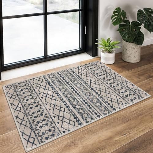 KUTA Moroccan Rugs for Entryway, 2x3 Light Brown Black Entrance Small Area Rug Non-Slip Washable, Ultra Soft Vintage Geometric Low-Pile Indoor Door Mat Floor Carpet for Kitchen - color: Light Brown/Black, size: 2' x 3' (Rectangular)