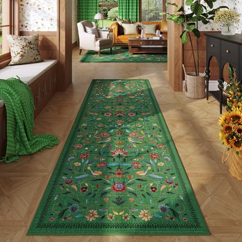 Vintage Medallion Floral Kitchen Runner 2x6, Machine Washable Rug, Soft Low Pile, Non-Slip Carpet for Hallways, Laundry, Bedroom, Bathroom, Entryway | Green - color: Green, size: 2' x 6' (Rectangular)