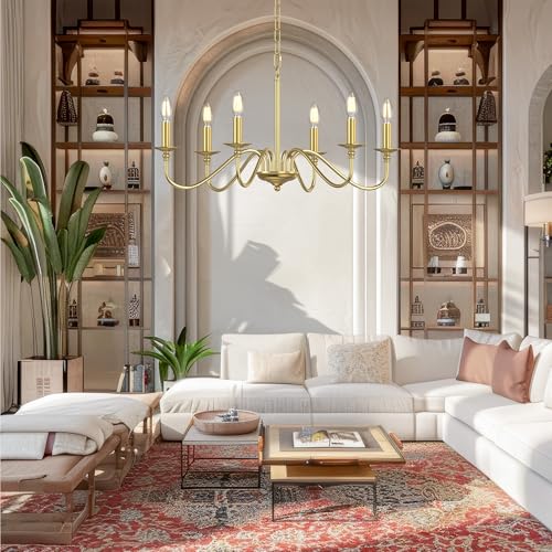 Rustic Farmhouse Candle Chandelier for Dining Room, 6-Light Rustic Black Iron Light Fixture with Classic S-Arm Design for Kitchen Island, Living Room, Foyer-Brass Gold - color: Brass Gold