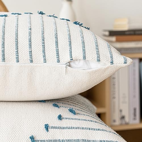 LILEPOY Boho Throw Pillow Covers 18x18 Set of 2 Neutral Decorative Textured Cushion Case Farmhouse Pillowcase Modern Square Pillow Covers for Sofa,Couch, Living Room,Beige and Blue - color: Beige and Blue, size: 18" x 18" (Pack of 2)