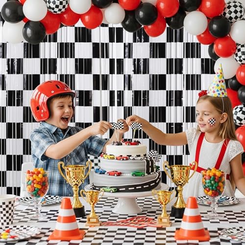 TONIFUL 2 Packs Race Car Checkered Foil Fringe Curtains 3.3 x 6.6 ft | Black and White Metallic Tinsel Streamers Curtain Backdrop for Race Car Themed Birthday Sports Party Photo Booth Decorations - color: Checkered