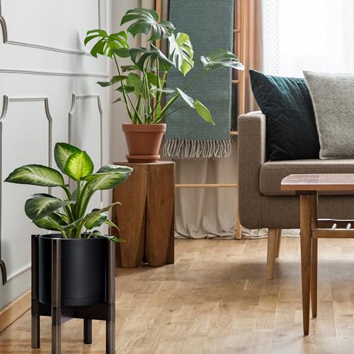 D'vine Dev Planter Pot with Stand - 8 Inch Plastic Cylinder Flower Pot with Wood Planter Holder for Indoor, Matte Black Pot + Walnut Color Stand, 55-C-I-2 - color: Matte Black Pot + Walnut Color Stand, size: 8 Inch