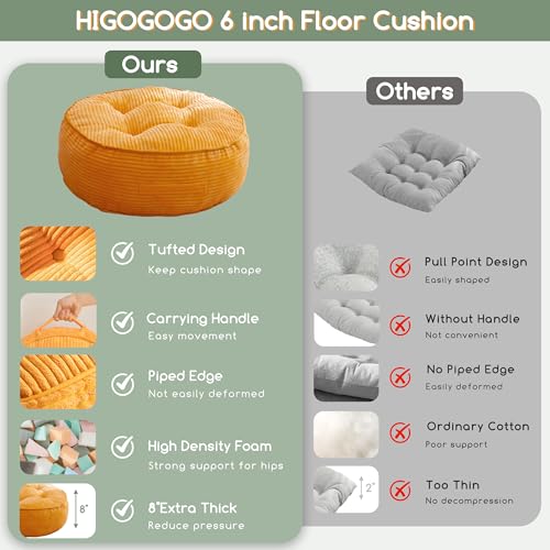 HIGOGOGO 8" Extra Thick Floor Pillow Cushion for Adults, Meditation Cushion Pillow, Large Round Floor Sitting, Tufted Corduroy Cover, for Tatami Living Room or Yoga, 22x22 Inch, Orange - color: Round Orange, size: 8" Thick(Pack of 1)