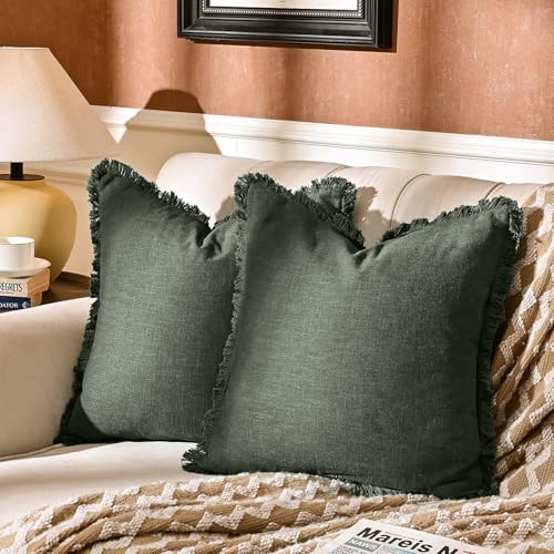 AmHoo Pack of 2 Linen Pillow Covers with Tassels Fringed Decorative Rustic Natural Throw Pillowcase Cushion for Couch Sofa Bedroom 18 x 18-Inch Green - color: Green, size: 18" x 18" (Pack of 2)