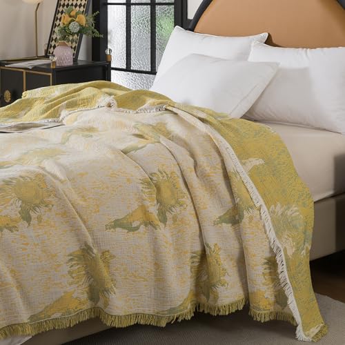 Lemfux 4-Layer Cotton Muslin Throw Blanket, Boho Floral Reversible Blanket with Fringe, Soft Breathable Lightweight Cooling Blanket for Bed Sofa Couch, All Season Decorative Bed Cover 60"x80" - color: Sunflower Floral, size: 60"x80"