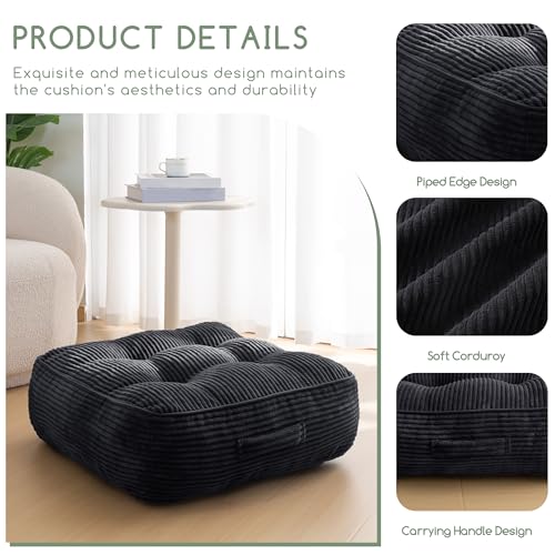 HIGOGOGO 8" Extra Thick Floor Pillow Cushion for Adults, Meditation Cushion Pillow, Large Square Floor Sitting, Tufted Corduroy Cover, for Tatami Living Room or Yoga, 22x22 Inch, Black - color: Square Black, size: 8" Thick(Pack of 1)