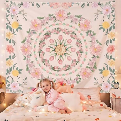 Tichgeim Pink Boho Mandala Floral Tapestry Wall Hanging for Bedroom, Bohemian Flower Aesthetic Cute Room Decor for Girls, Indian Style Tapestries for Dorm Office and Living Room 60" × 51" - color: Pink Mandala Tapestry, size: 60"L x 51"W