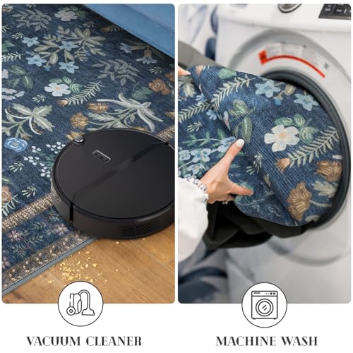 Lansny Washable Entryway Rug 2x3, Navy Floral Kitchen Rug, Super Thin Faux Wool Small Area Rug, Boho Non-Slip Soft Carpet for Foyer, Bedroom, Office - color: Navy, size: 2' x 3' (Rectangular)