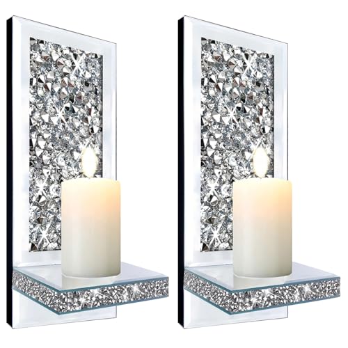 ZOLAPI Set of 2 Crystal Crush Diamond Candle Sconces, Gorgeous Silver Mirrored Wall Sconce, Candle Holder Glass Wall Decorations for Home Décor, Living Room, Dining Room. 1A - color: Silver Mirror ①a