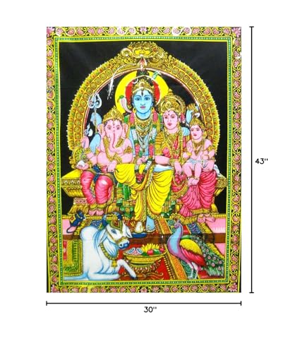 Lord Shiva Family Batik Cotton Wall Hanging Yoga Painting : Size 43"x30" Inches - color: Shva Family