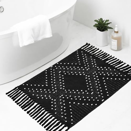 Black Bathroom Rug 2x3ft, Washable Boho Small Bath Mat Non Slip, Aztec Area Rug Floor Mat with Tassel for Kitchen, Entryway, Front Porch - size: 2' x 3' (Runner)