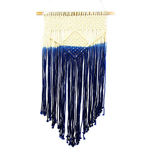 Global Crafts - Handmade Recycled Cotton Macrame Wall Hanging - Cream and Blue Decor