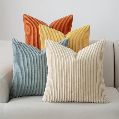 Volcanics Set of 4 Orange Teal Corduroy Decorative Couch Throw Pillow Covers 20x20 Inch, Modern Farmhouse Double-Sided Striped Cushion Cases, Soft Boho Square Accent Pillow Covers for Fall Home Decor - color: Orange Teal, size: 20" x 20" (Pack of 4)