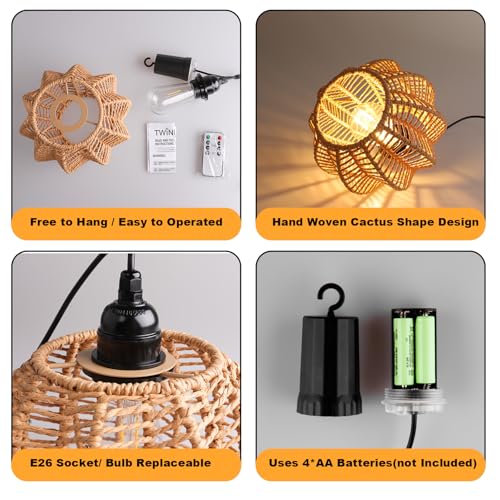 TWINKVILLA Battery Operated Chandelier, 2Pack Hanging Gazebo Lights, Cactus Shape Boho Rattan Pendant Lights Outdoor Waterproof for Patio Tree Pergola Porch and Indoor Decor