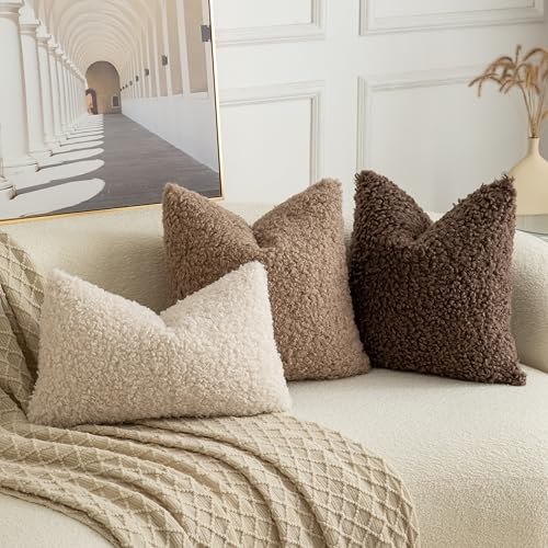 Pack of 2 Curly Teddy Wool Faux Fur Throw Pillow Covers Fuzzy Accent Soft Sherpa Pillowcases Sheepskin Fleece Decorative Cushion Case for Sofa Couch Living Room 18x18 Inch Neutral Light Beige - color: Neutral Light Beige, size: 18" x 18" (Pack of 2)
