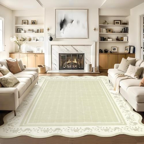 Garvee Scollaped Rugs for Living Room 5x7 Area Rugs for Bedroom Non-Slip Low Pile Neutral Kids Rug Soft Non-Shedding Bordered Nursery Carpet Foldable Thin Mat for Dining Room Kitchen Playroom Beige - color: Beige, size: 5' x 7' (Rectangular)