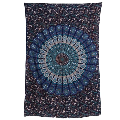 Bless International Handmade Indian hippie Bohemian Psychedelic Peacock Mandala Wall hanging College Dorm Beach Throws Table Cloth Bedding Tapestry (Blue Green, Twin(54x72Inches)(140x185cms)) - color: Blue Green, size: 72"L x 54"W