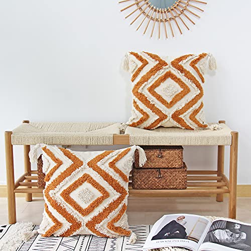 JOJUSIS Boho Throw Pillow Covers with Handmade Tassels Decorative Woven Tufted Orange Pillowcase for Couch Bedroom 18 x 18 Inch Orange B - color: Orange B, size: 18" x 18" (Pack of 1)