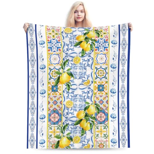 Summer Lemon Throw Blanket for Couch Chair Sofa Bed, Flannel Soft Watercolor Mediterranean Ceramic Tiles Floral Blanket for Bedroom Living Room Car, Warm Cozy Blankets for All Season 30"x 40" - color: Lemon01, size: 30X40 inch