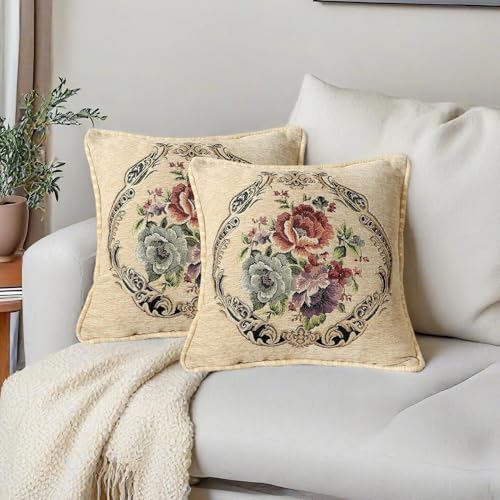 Set of 2 Vintage Floral Throw Pillow Covers 18x18 Inch, Beige Chenille Woven Pillow Cases with Victorian Floral Medallion Pattern, Decorative Cushion Covers for Sofa Couch Living Room Bedroom - color: Beige