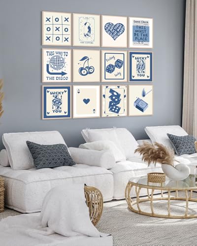 KBKBART 12pcs Blue Lucky Poster - Playing Card Wall Art, Poker Room Decor, Blue Trendy Wall Art, Funky Posters Aesthetic Pictures, Retro Ace Prints Queen of Hearts Decor for Bedroom (UNFRAMED) - color: Blue Lucky