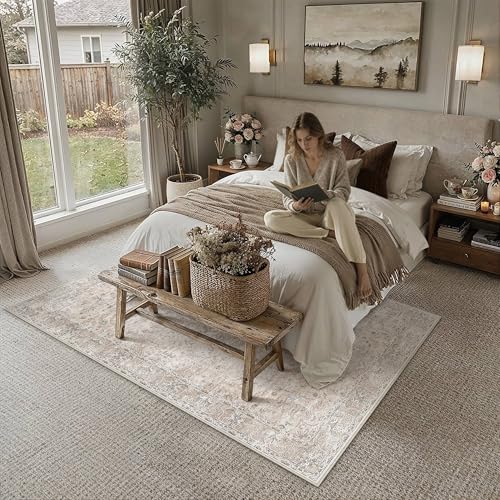 HUGEAR Area Rugs 5x7 Washable Rug for Living Room Bedroom Beige Vintage Rug Carpet Low Pile Non Slip No Shedding Soft Durable Indoor Dining Room Home Decor Floor Mat - color: Beige, size: 5' x 7' (Rectangular)