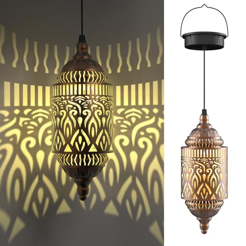 Twinkya Hanging Solar Lights Outdoor Garden Decor, Decorative Waterproof Metal Moroccan Solar Lantern Lamp, Outside Decorations for Patio Yard Porch Backyard Decor, Gardening Gifts for Women Mom - color: Retro Gold, size: 1pack