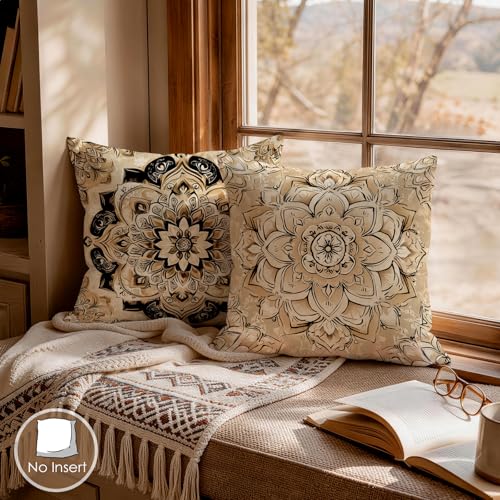 OBSEDE Black Beige Mandala Decorative Throw Pillow Covers 18x18 Set of 4 Faux Linen Cushion Cases Single-Sided Print Boho Geometric Accent Pillows for Living Room Sofa - color: Black Beige Mandala