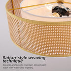 17.7" Gold Bohemian Wicker Flush Mount Ceiling Light, Hand-Woven Double Layer Drum Semi-Flush Fixture for Bedroom, Living Room, Dining Room, Hallway & Kitchen - color: 17.7'' Rattan&Fabric Gold