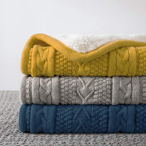 Longhui bedding Acrylic Cable Knit Sherpa Throw Blanket - Thick, Soft, Big, Cozy Grey Blue Knitted Fleece Blankets for Couch, Sofa, Bed - Large 50 x 63 Inches Gray Blue Coverlet All Season - color: Grey Blue, size: 50" x 63", Standard