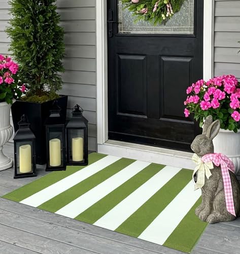 Green and White Layered Door Mats 2x3ft, Striped Outdoor Rug Cotton Woven Washable Farmhouse Small Area Rug for Entryway/Porch Decor/Kitchen/Home Entrance - color: Green White, size: 2' x 3' (Rectangular)
