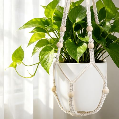 Mkono Macrame Plant Hanger Indoor 29 Inch Hanging Planter Basket with Wood Beads Decorative Flower Pot Holder No Tassels for Indoor Outdoor Boho Home Decor (POTS NOT Included) (2, Ivory)