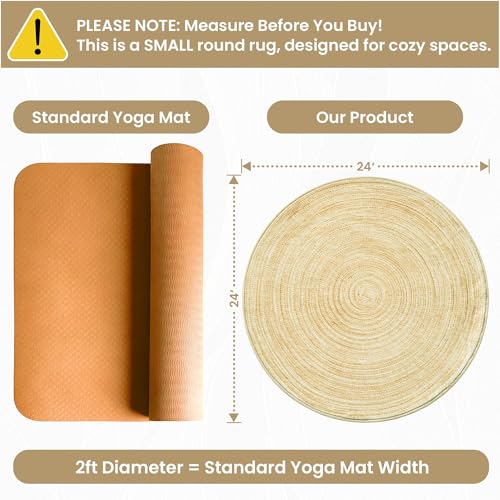 Asrug Imitation Jute Low Pile Round Rug Area Rug Washable Non-Slip Circle Rug Soft Plush Touch Circle Rugs Round for Kitchen Bathroom Living Bedroom Nursery, Carpet 2ft /24 inch/61 cm Yellow - color: Beige, size: 2ft