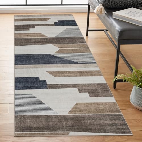 ReaLife Rugs Machine Washable Area Rug Runner - Living Room Bedroom Bathroom Kitchen Entryway Office - Non-Slip Baking Low Pile Stain Resistant Premium - Modern Geometric - Theo - Beige 2'6" x 6' - color: Theo - Beige, size: 2'6" x 6' (Rectangular)
