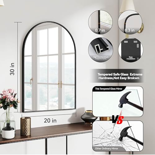 SCWF-GZ 30x20 Arch Mirror Rectangle Wall Mounted Hanging or Against Wall Aluminum Alloy Metal Frame Dressing Make-up Mirrors for Entryway Bedroom Bathroom Living Room 30 20 inch Black - color: Black, size: 30"L x 20"W