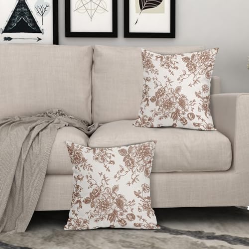 Vintage Floral Pillow Covers 18x18 Inch Set of 2 Dark Brown and Cream Floral Throw Pillow Covers Chinoiserie Flower Pillowcases Rustic Farmhouse Cotton Linen Cushion Covers for Couch Bed Sofa Decor - color: Dark Brown, size: 18" x 18" (Pack of 2)