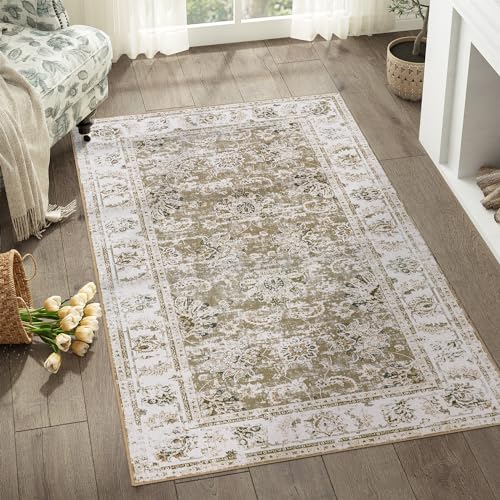 jinchan Fiora Floral Area Rug 3x5, Distressed Vintage Floral Washable Rug with Low-Pile Surface and Non-Slip Backing, for Bedroom Nursery Reading Corner Home Office and Small Living Spaces, Taupe - color: Distressed Taupe, size: 3' x 5' (Light Weight)