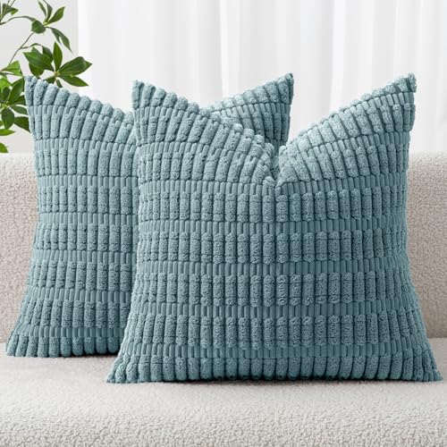 MIULEE Pack of 2 Corduroy Decorative Throw Pillow Covers 16x16 Inch Soft Boho Striped Pillow Covers Modern Farmhouse Home Decor for Summer Coastal Sofa Living Room Couch Bed Coastal Blue - color: Coastal Blue, size: 16" x 16" (Pack of 2)