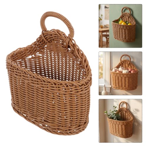 Cabilock Small Wall Hanging Basket, Boho Plastic Hand Woven Wall-Mounted Kitchen Storage Organizer for Fruit Vegetable, Wall Flower Hanging Baskets with Flat Back for Rustic Home Front Door Decor