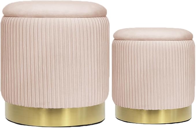 Pink Velvet Round Ottoman Set of 2 with Storage for Living Room Small Foot Stool Ottoman for Living Room Small Coffee Table,Vanity Stool with Storage for Bedroom Dorm