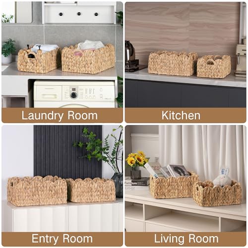 iEGrow Scalloped Wicker Basket, Set of 2 Woven Rattan Natural Water Hyacinth Baskets with Built-in Handles, Rectangle Storage Baskets for Organizing, Decor, Shelf and Nursery Room - size: Rectangle