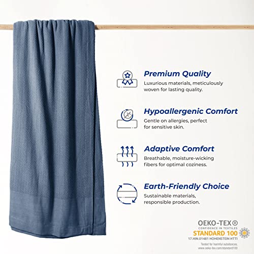 THREAD SPREAD Organic GOTS Certified Cotton Blanket, Twin/Twin XL - 350 GSM, Antistatic, Fuzzy Soft, Lightweight, Sofa, Camping & Travel, All-Season Herringbone Throw, Medium Blue + Bonus Tote Bag - color: Herringbone - Medium Blue, size: Twin / Twin XL