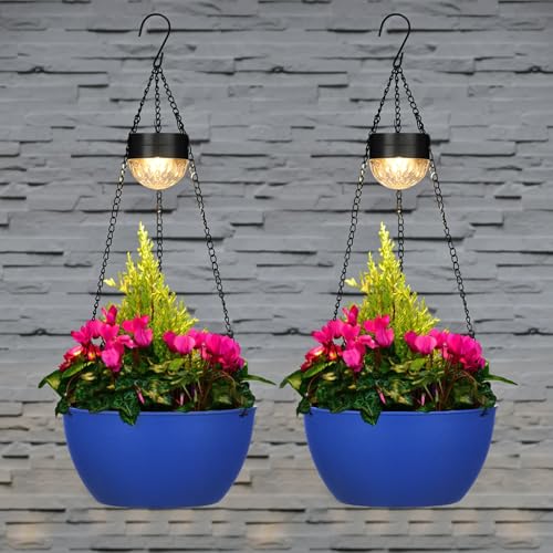 BAYN 2 Packs Solar Hanging Basket Planters for Plants Outdoor, Self Watering Blue Flower Plants Pots with Solar Light Drainer for Balcony Patio Garden Outdoor Decoration - color: Dark Blue