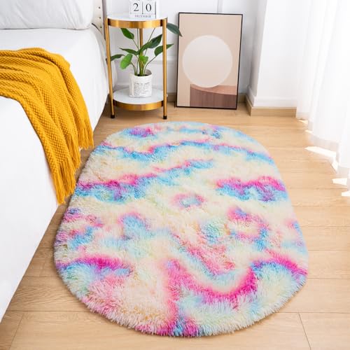 Goideal Fluffy Bedroom Rug, Small Oval Area Rugs, Rainbow Shag Bedside Carpet for Kids Room Nursery Dorm Cute Fuzzy Indoor Decor for Boy and Girl, 2.6 x 5.3 Feet - color: Rainbow