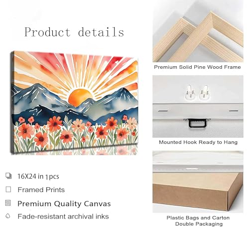 Boho Sun Canvas Wall art Mid-Century Modern Abstract Bohemian Sunset in The Mountains Watercolor Wildflowers Sunrise Landscape Picture Wall Decor Poster Print Artwork for Living Room Bedroom - size: 24"L x 16"W
