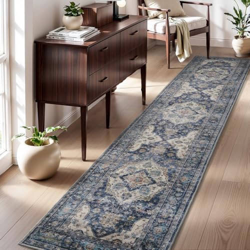 AMOAMI-2X10 Runner Rug-Washable Runners for Hallways-Soft Non Slip Bedside Rugs for Bedroom-Vintage Long Rug for Hallways Entryway Laundry Room Stair Kitchen Bathroom Blue - color: Blue, size: 2' X 10' (Rectangular)